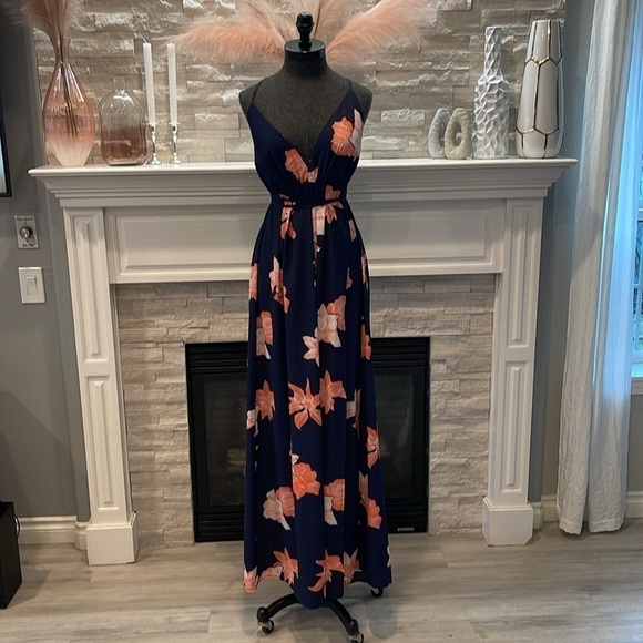 NAVY BLUE PINK FLORAL PLUNGE V NECK CRISSCROSS BACK HIGH SLIT MAXI DRESS Small - Picture 2 of 11